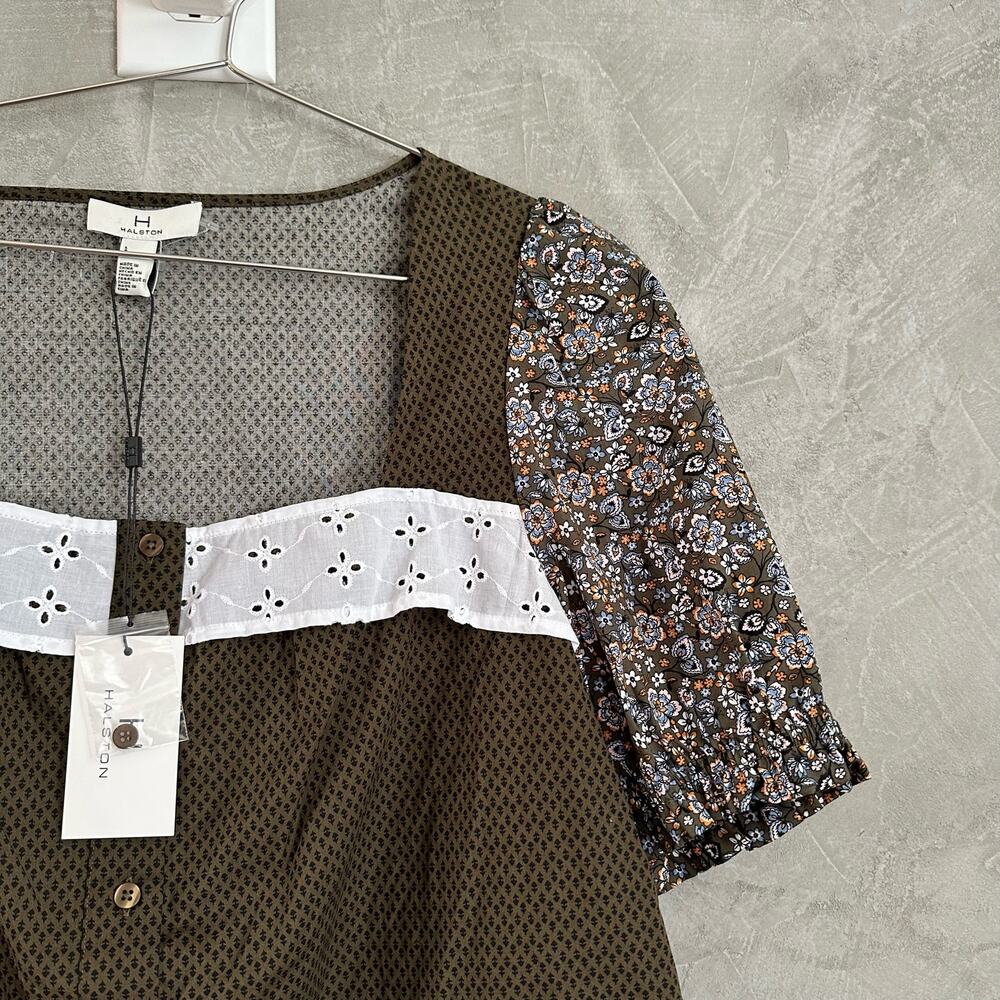 NWT H by Halston Mixed Media Floral Poplin Top Blouse in Green sz L - Picture 8 of 8
